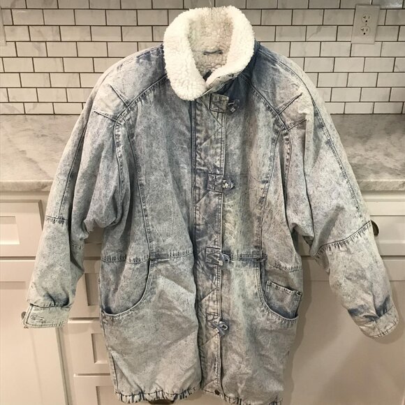 Vintage Andy Johns Jacket Mens Large Sherpa Collar Denim Oversized 90s Acidwash - Picture 1 of 13